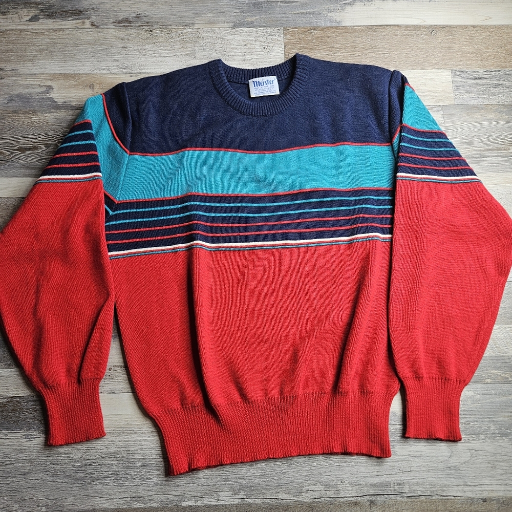 Meister Vintage Sweater Women's Medium Red Teal Navy